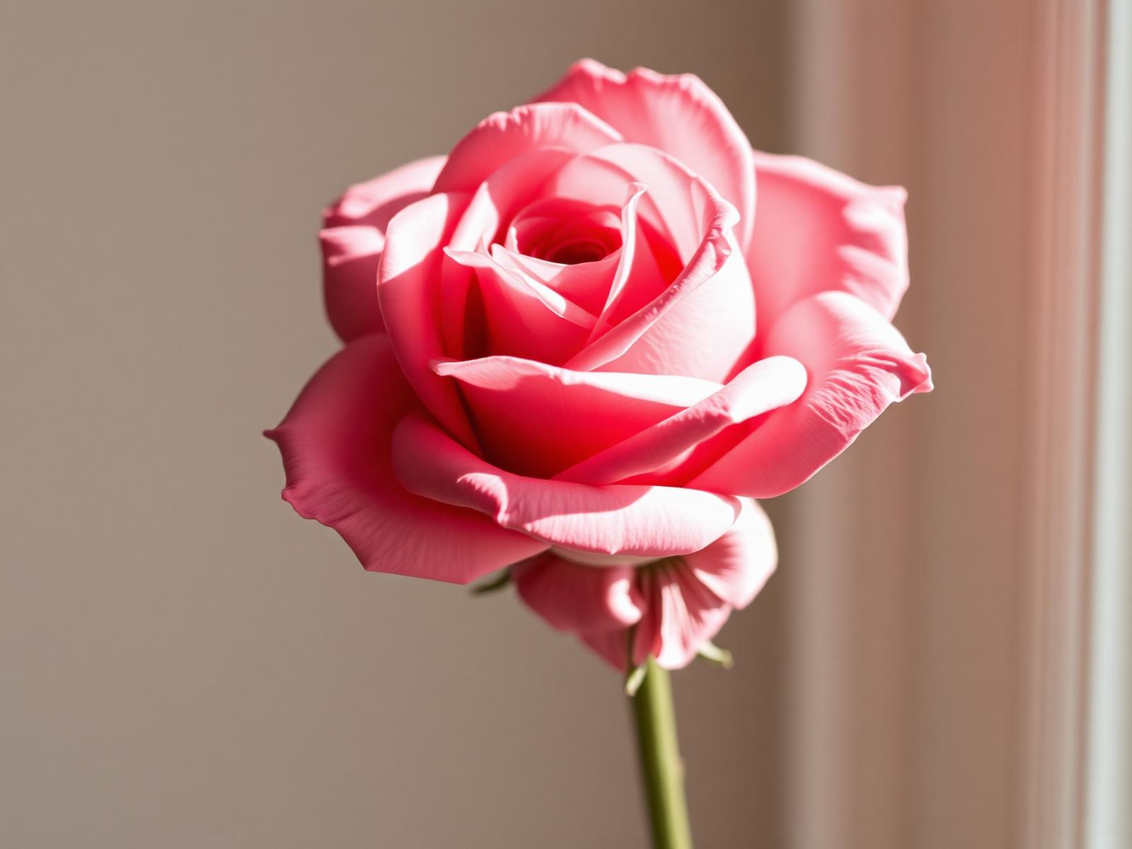 A single dusty pink garden rose in soft window light